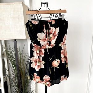 Strapless Black and Floral Short Romper